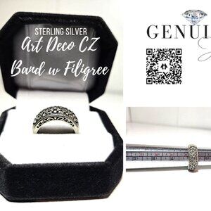 Sterling Silver Art Deco CZ Band with Filigree Ring